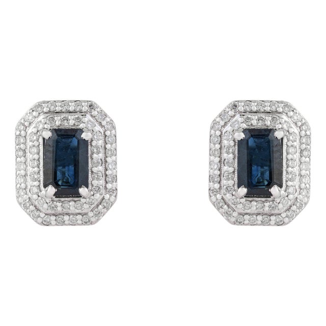 1.46ct Blue Sapphire & Diamond Double Halo Art Deco Earrings in 14k Gold- A Pair For Sale