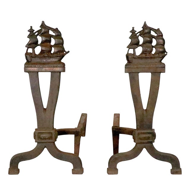 Early 20th Century Pr. Vintage Clipper Ship Andirons For Sale - Image 5 of 15