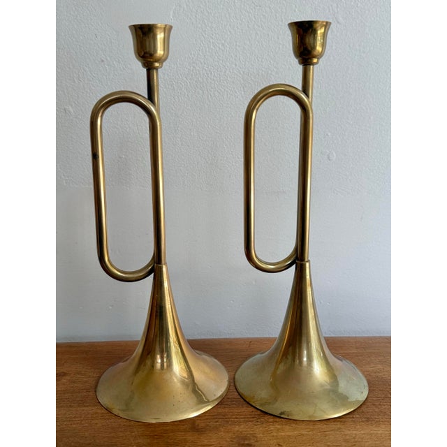 Brass Trumpet Candlestick Holder Pair For Sale - Image 4 of 7