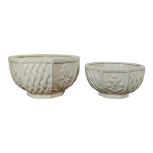 Vintage Mid-Century Modern Hand Painted Lenwile Ardalt Japan White Ceramic Floral Lattice Cachepots- Set of 2