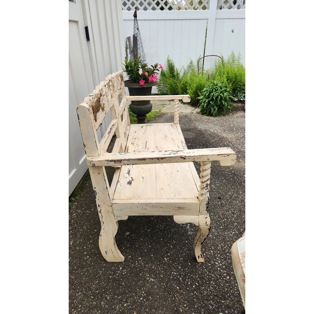 Vintage French Country Distressed Cream Painted Carved Wood Settee With Custom Toile Cushion For Sale - Image 11 of 15