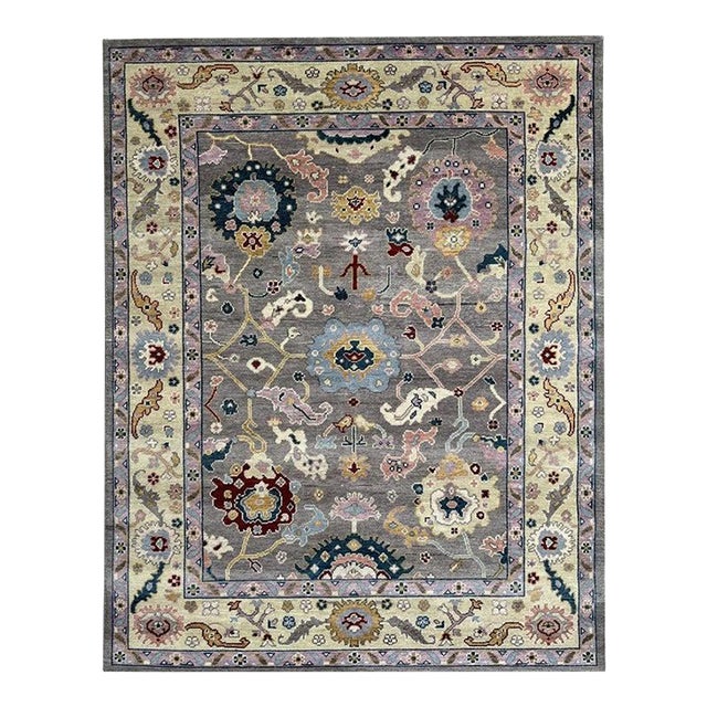 8x10 Gray Hand-Knotted Wool Botanical Abundance Classic Traditional Carpet Rug For Sale