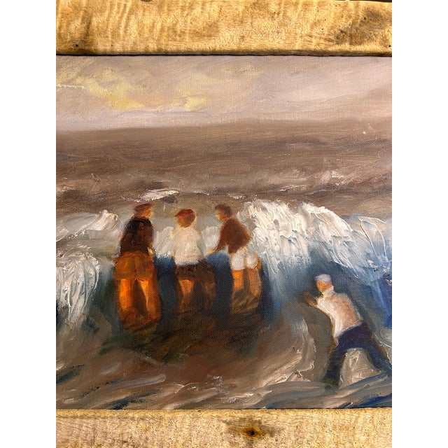 Wood 1990s Original Coastal Figural Seascape Oil Painting in Rustic Wood Frame, 18" For Sale - Image 7 of 16