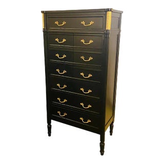 Maison Jansen Style Hollywood Regency Ebony & Brass Two-Door Bar and Tall Chest For Sale