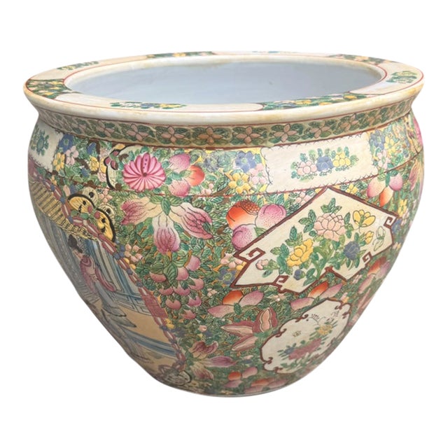 Vintage Chinese Famille Rose Porcelain Fishbowl Planter With Hand-Painted Goldfish Interior For Sale