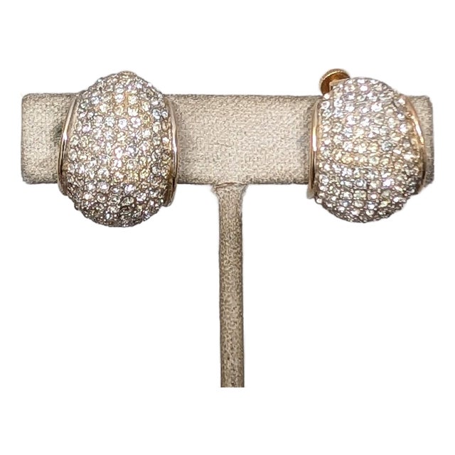 Vintage 1960s Signed Vendome Goldtone Pavé Round Clear Rhinestone Half Hoop Clip Earrings-2 Pieces For Sale