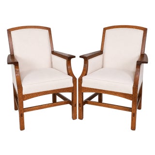 Late 20th Century Pair of Stickley Quarter-Sawn Oak Upholstered Armchairs For Sale