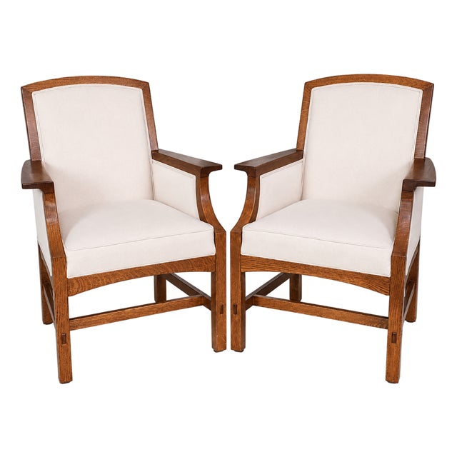 Late 20th Century Pair of Stickley Quarter-Sawn Oak Upholstered Armchairs For Sale
