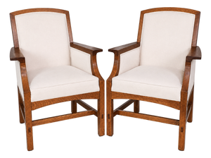 Late 20th Century Pair of Stickley Quarter-Sawn Oak Upholstered Armchairs