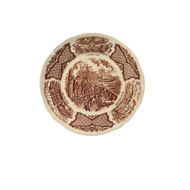 English Vintage Alfred Meakin Staffordshire Fair Winds The Friendship of Salem Brown Salad Plates- Set of 10 For Sale - Image 3 of 9