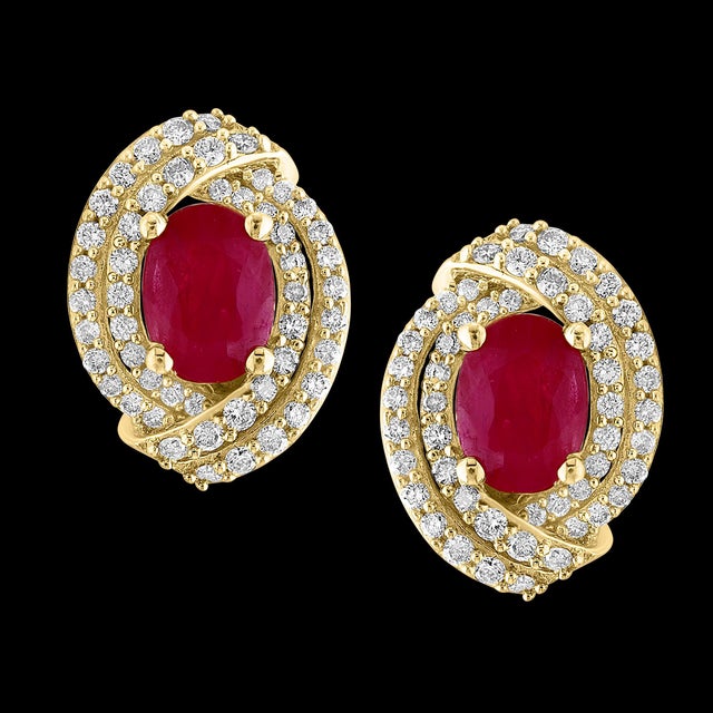 3.5 Carat Oval Natural Ruby & 1.2 Ct Diamond Stud Earrings 14 Karat Yellow Gold For Sale - Image 17 of 18