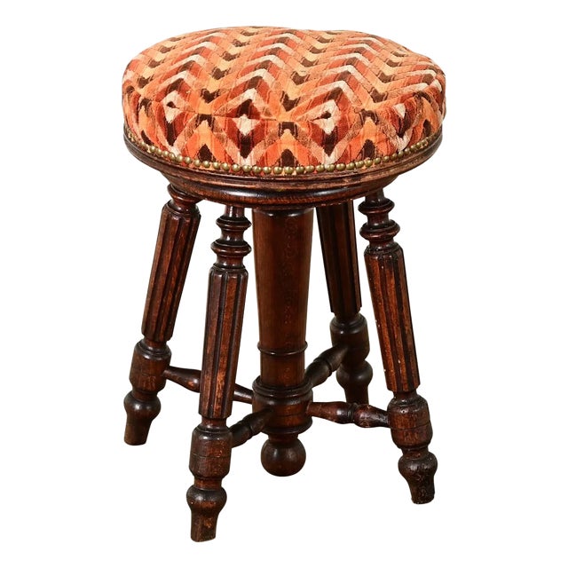 French 19th Century Oak & Velvet Piano Stool For Sale