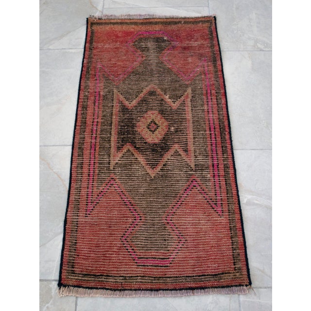 Distressed Low Pile Rug Kurdish Yastik Small Rug Faded Colors Mat Entry Decor - 19'' X 38'' For Sale - Image 12 of 14