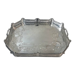 Vintage Silver Plated Pierced Etched Gallery Serving Tray For Sale