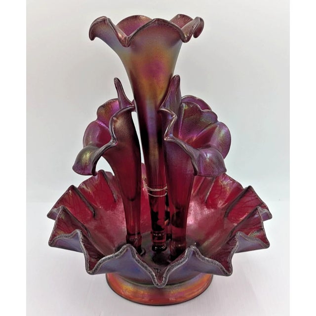 Fenton Art Glass Company Early 21st Century Fenton Ruby Red Amberina Iridescent Stretch Glass Epergne W/Tags 7061 Rl For Sale - Image 4 of 18