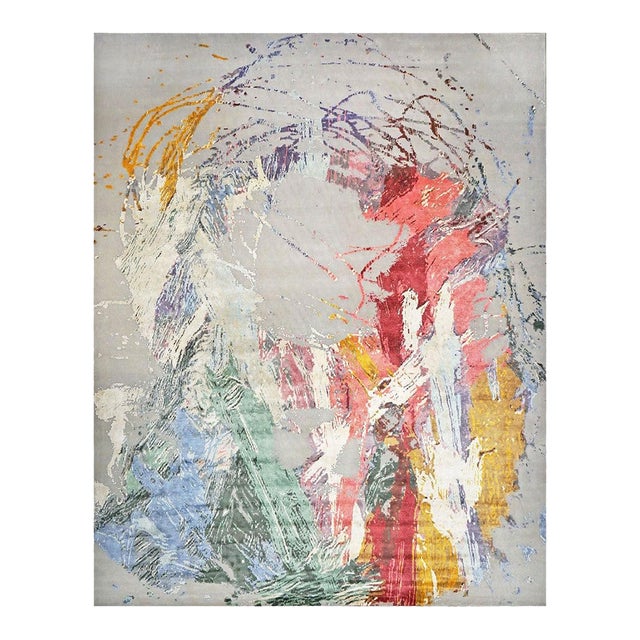Indo-Napalese Modern Sima Wool & Silk 12x15 Grey & Multi Color Handmade Area Rug #1144026 For Sale