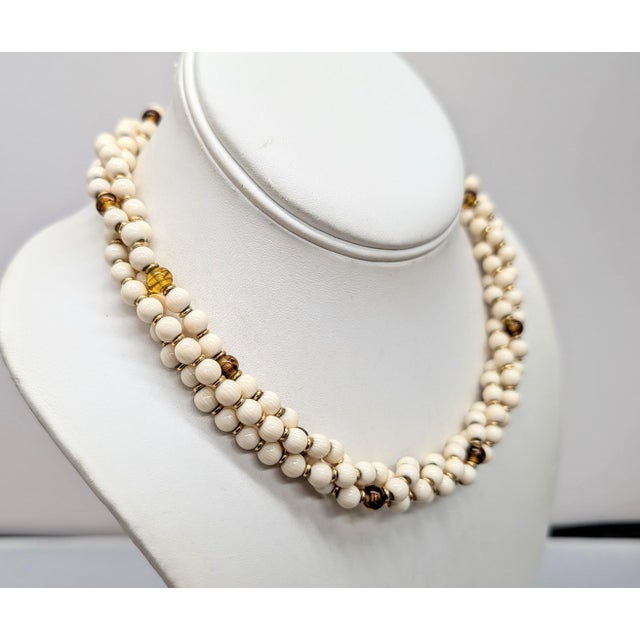 Napier Vintage 1980s Signed Napier Beaded Faux-Ivory & Tiger's Eye Torsade Necklace For Sale - Image 4 of 9