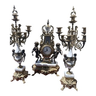 Vintage Imperial Italian-Style Gilt Metal, Marble & Cherub Clock Garniture Set For Sale