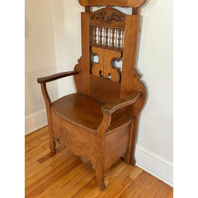 Brown Antique American Carved Quarter-Sawn Oak Hall Tree Seat Stand With Mirror For Sale - Image 8 of 15