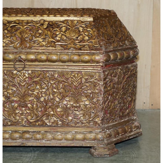 18th Century Indian Hand Carved & Painted Coffer Linen Trunk, 1780s For Sale - Image 4 of 18