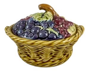French Majolica Sarreguemines Basket of Grapes Covered Tureen