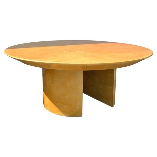 For Sale is this large almost round floating Karl Springer Dining Table on two half round pedestal bases, made in America...