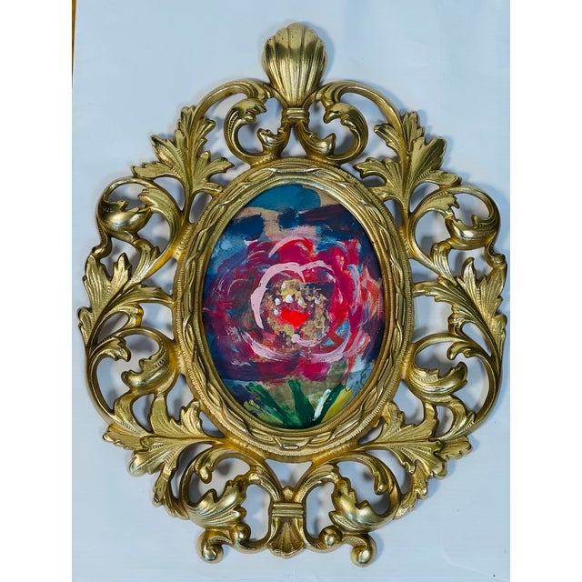 Gorgeous colourful mini abstract floral original art painting- acrylic on brown paper- in a bronze ornate frame.
