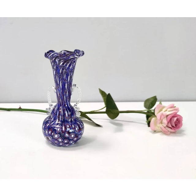 Modern Vintage Blue Murano Glass Vase with Murrines attributed to Fratelli Toso, Italy, 1960s For Sale - Image 3 of 16