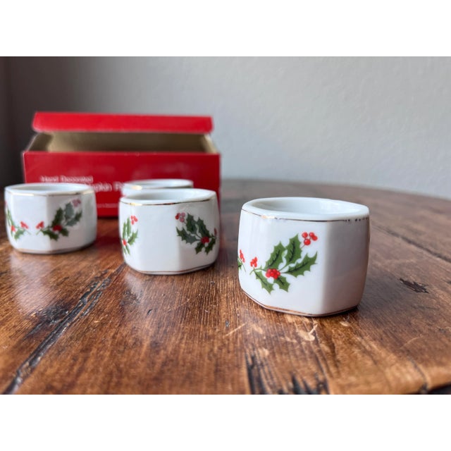 Set of 4 - Vintage Hand Decorated Christmas Holly Porcelain Napkin Rings, Napkin Holder With Original Box, Made in Japan For Sale - Image 4 of 8