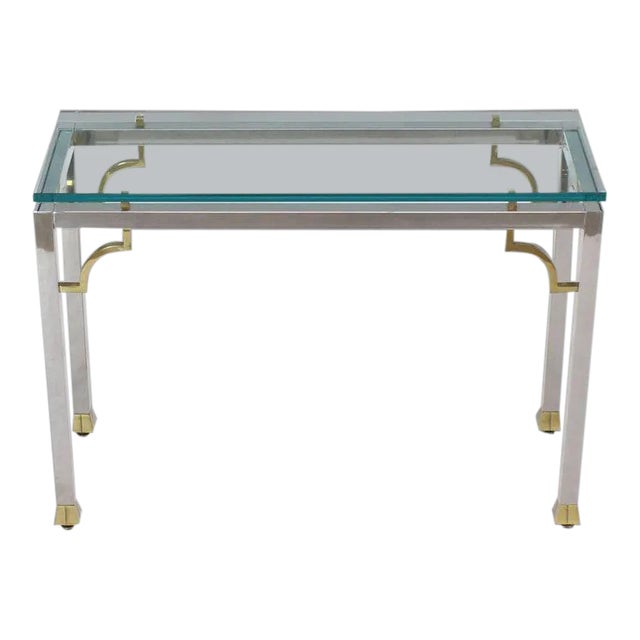 Mid-Century Modern Chrome Brass Thick Glass Top Console Sofa Table For Sale