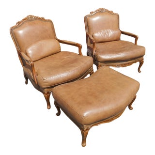 Vintage Matching Pair of Chateau d'Ax Bergere Chairs and Ottoman For Sale
