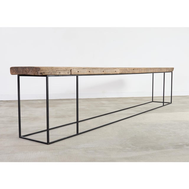 Contemporary Monumental Reclaimed Wood Plank Top Iron Console 13.5 Ft For Sale - Image 3 of 18