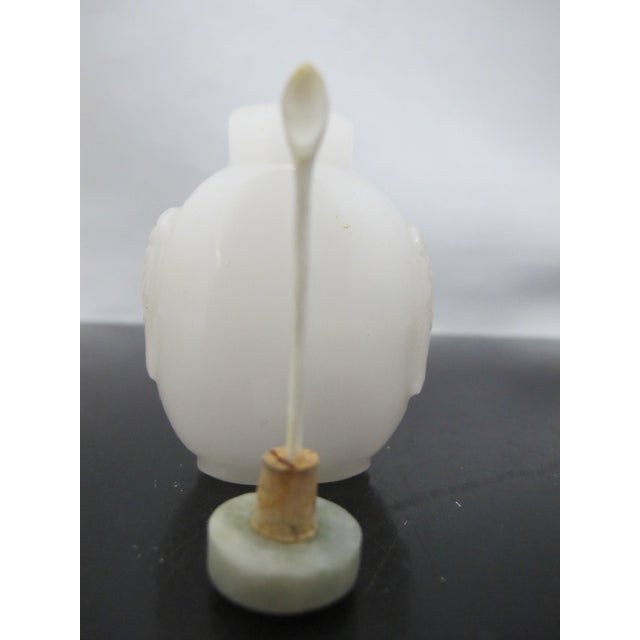Chinese Carved Masks White Peking Glass Snuff Bottle With Green Top For Sale - Image 11 of 11