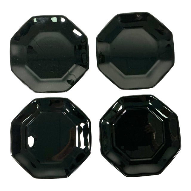 1980s Post Modern French Arcore Black Glass Octagonal Salad Plates - Set of 4. For Sale