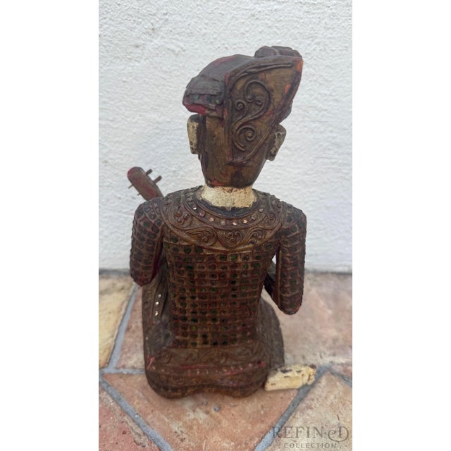 Mid 20th Century Hand-Carved Chinese Wooden Figural Sculpture of Seated Musician With String Instrument For Sale In Miami - Image 6 of 10