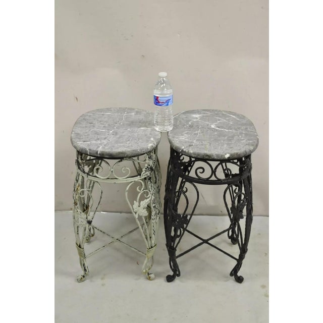 Vintage French Art Nouveau Wrought Iron Marble Top Painted Side Table - a Pair. Circa Mid 20th Century. Measurements: 22"...