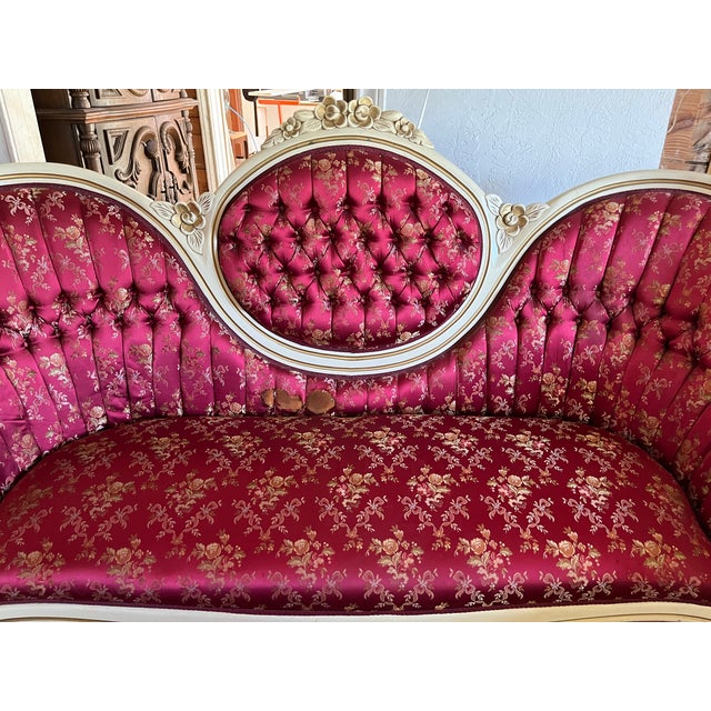 Red Mid 20th Century 3-Piece Victorian Rococo Revival Style Parlor Suite — Carved Cream & Gold Frames, Burgundy Brocade For Sale - Image 8 of 18