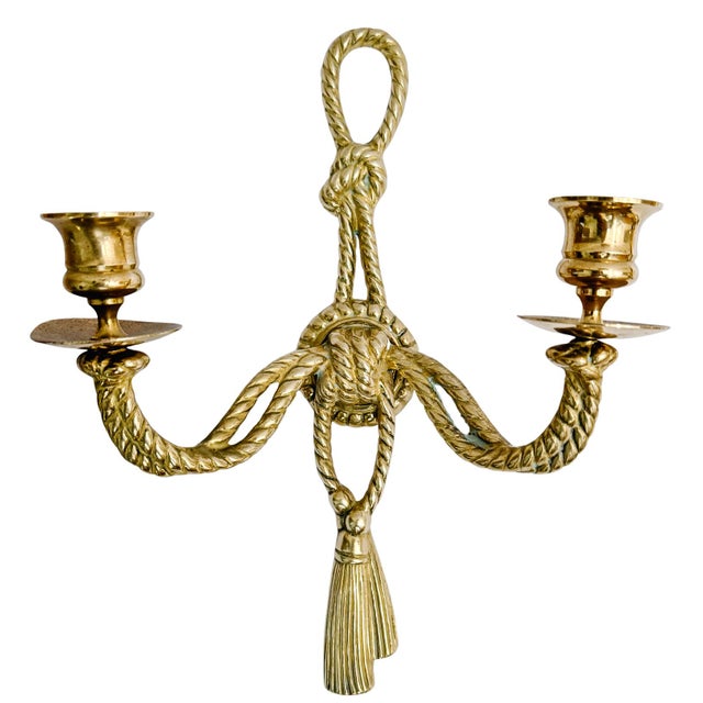 Metal Vintage Andrea by Sadek Brass Rope & Tassel Two-Light Wall Sconces - A Pair For Sale - Image 7 of 10