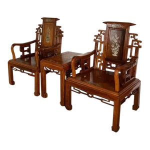 1950s Chinese Rosewood Mother of Pearl Inlay Carved Armchairs and Table Set- 3 Pieces