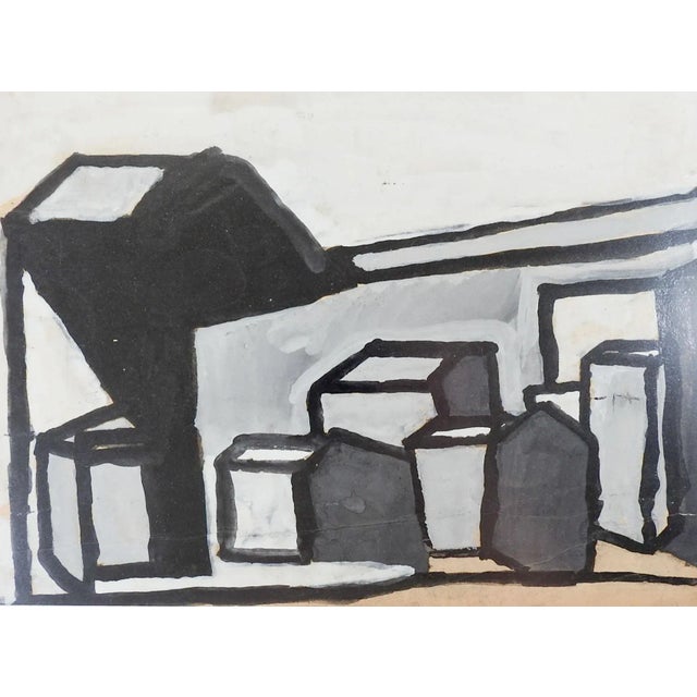 Mid-Century Modern Vintage Mid Century Abstract Black Gray Tan Geometric Painting For Sale - Image 3 of 3