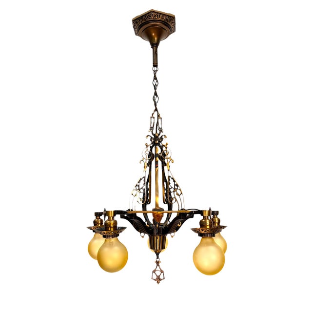 1920s Cast Bronze 5 Light Chandelier in Spectacular Original Condition #2622 For Sale - Image 10 of 12