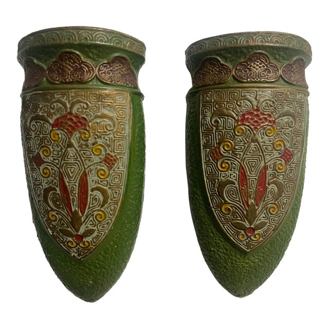Art Deco Japanese Floral Wall Pocket Pair For Sale