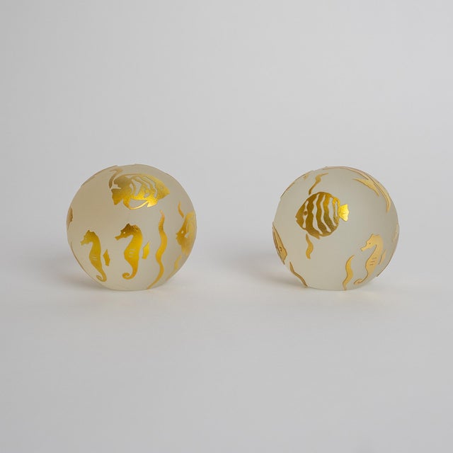 Pair of Signed Mid-Century Modern Art Glass Paperweights – “Gold in the Sea” Design For Sale - Image 4 of 6