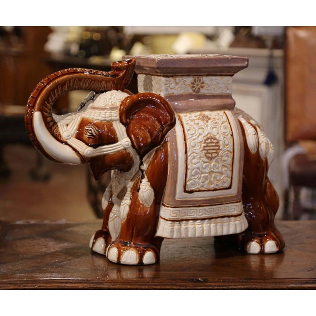 Mid-Century French Hand Painted Faience Elephant Garden Seat or Side Table For Sale - Image 9 of 9