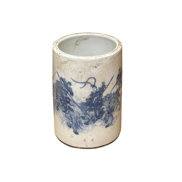 Chinese Chinese Distressed White Porcelain Blue Warrior Horse Graphic Holder Vase For Sale - Image 3 of 10
