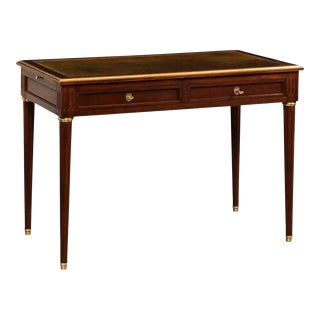 French Louis XVI Style 1900s Mahogany and Bronze Desk with Olive Leather Top For Sale
