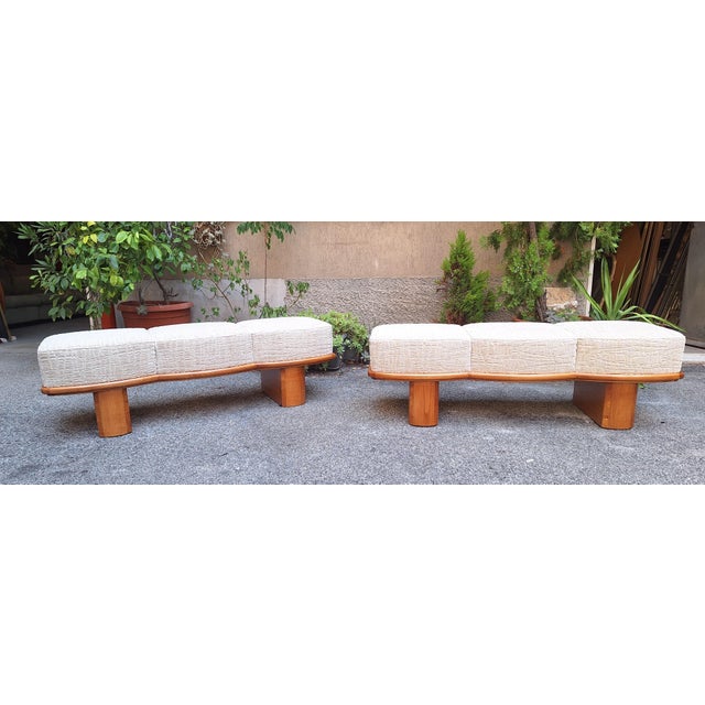 Three-Seater Benches in Sinuous Light Wood and Dedar Fabric, 2000s, Set of 2 For Sale - Image 4 of 9