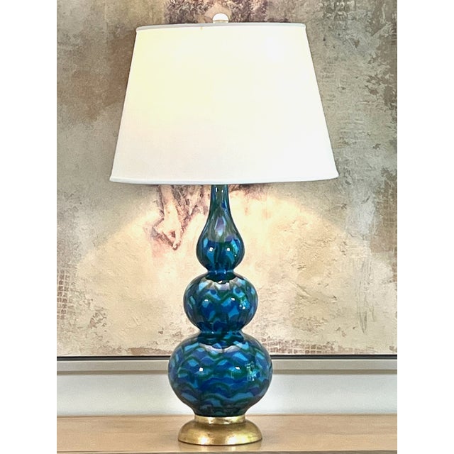 Mid-Century Modern Vintage Blue Glazed Ceramic Table Lamps - A Pair For Sale - Image 3 of 12