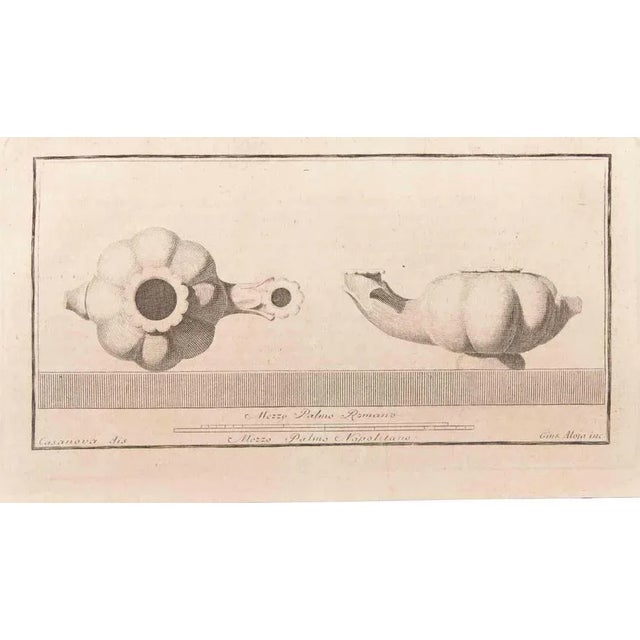 Oil Lamp from "Antiquities of Herculaneum" is an etching on paper realized by Giuseppe Aloja in the 18th Century. Signed...