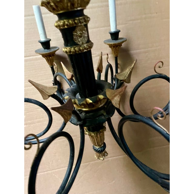 Mid 20th Century Neoclassic Arrow Italian Hand Carved Black Gold Painted Wood 6 Light Chandelier For Sale - Image 6 of 12